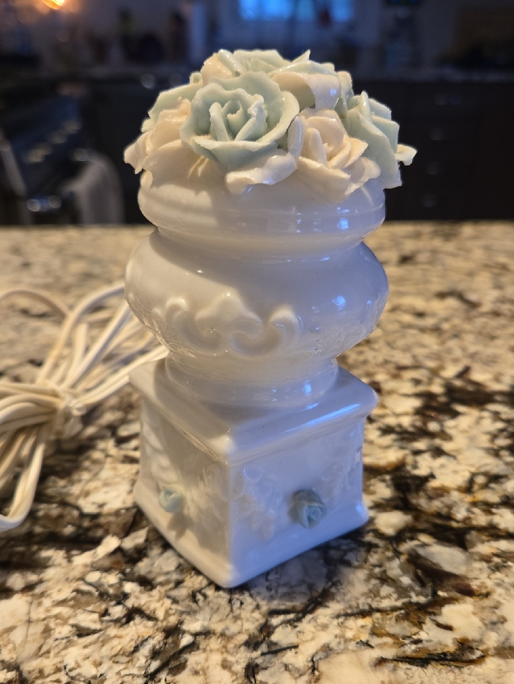 Porcelain Floral Electric Night Light - White with Pale Blue Roses